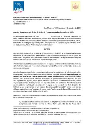 Alegaciones Orden Vedas Pesca 2023 Cantabria. Octubre 2022