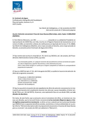 Alegaciones extinción concesión presa Casas Nuevas, Marmolejo, río Guadalquivir. Noviembre 2022
