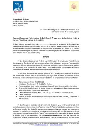 Alegaciones Piscina Natural Santibañez, río Arrago. Septiembre 2022