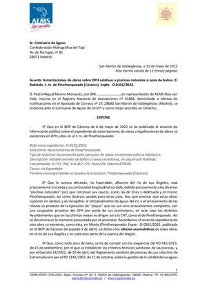 Alegaciones Piscina El Robledo, Pinofranqueado, río Esperabán. Mayo 2022