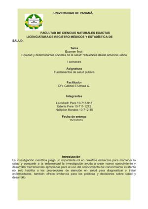 Examen final de texto paralelo de Equidad Y Determinantes Sociales De La Salud