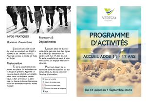 Accueil ados - Programme du 31 juillet au 1er septembre