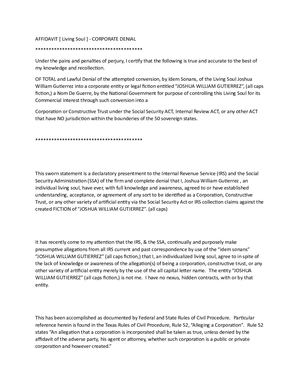 Affidavit Of Living Soul Corporate Denial