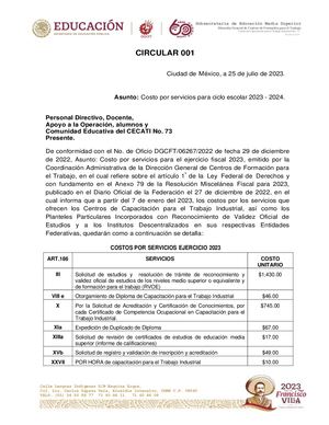 CECATI 73 Circular 001 Costos por servicios ciclo escolar 23-24