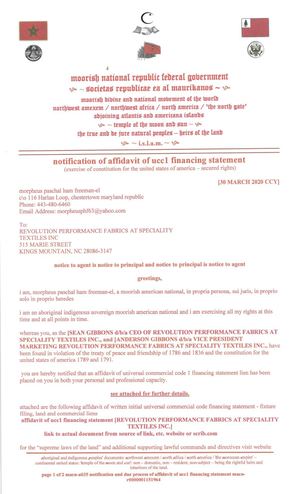 Article III Consul Court Affidavit Of Written Initial Ucc 1 Lien [Revolution Performance Fabrics Sti]from Justice Barry Mcanthony Hamrick En Capitis Diminutio Nolo Nunc Pro Tunc