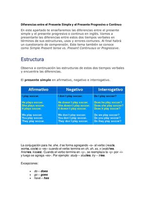 Diferencias Entre El Presente Simple Y El Presente Progresivo O Continuo