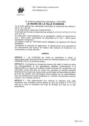 23-AT-0902 Arrête De Réglementation Du Stationnement, Rue Frederic Petit