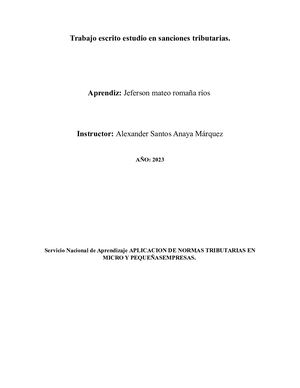 Trabajo Escrito Estudio En Sanciones Tributarias Jeferson Mateo