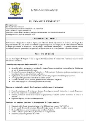 Fiche De Poste Animateur Jeunesse