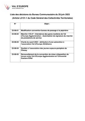 06/2023 DÉCISIONS BUREAU COMMUNAUTAIRE