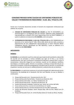 Convenio Parque Del Recuerdo Y El Colegio De Contadores Públicos Del Callao Y Patrimonio De Fid