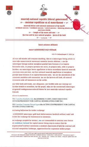 Article III Moorish American Al Morocco Macn+ca000000821442+00022[kimberly Loby+insolvent Debtor Dba Ceo For Capital Senior Living Corp] Lawful Documents From Justise Morpheus Paschal Ham Freeman El En Capitis Diminutio Nolo Nunc Pro Tunc
