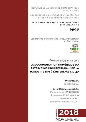 Si Dehbi, A. “La documentation numérique du patrimoine architectural : de la maquette bim à l’interface sig 3d”. epau, 2018.