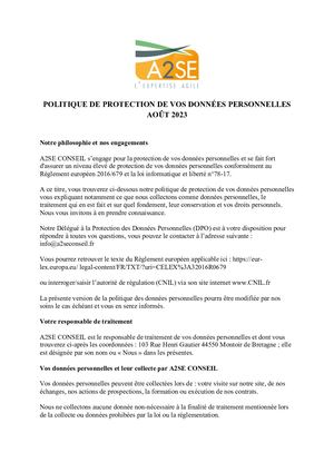 Politique De Protection De Vos Données Personnelles Août 2023 - A2SE CONSEIL