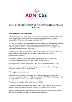 Politique De Protection De Vos Données Personnelles Août 2023 - ADN CSE