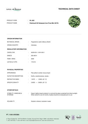 TDS PL-203 Patchouli Oil Iron Free 30 PA Specifications Van Aroma