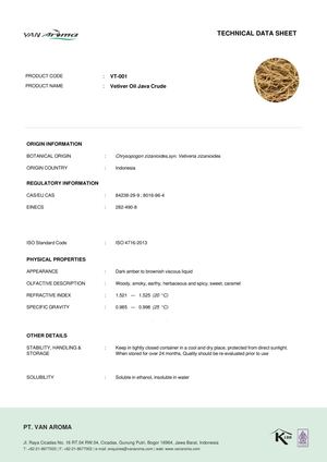 TDS VT-001 Vetiver Oil Java Crude Specifications Van Aroma