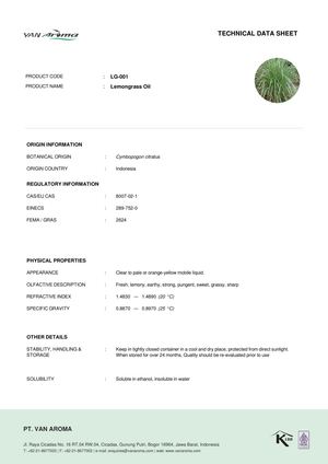 TDS LG-001 Lemongrass Oil Specifications Van Aroma