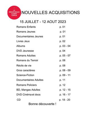 Catalogue des nouveautés de la Médiathèque A. Camus Juillet-Août 2023
