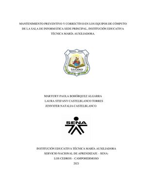 Mantenimiento Preventivo y Correctivo en los equipos de computo de la sala de informatica sede principal,InstitucionEducativaTecnicaMariaAuxiliadora