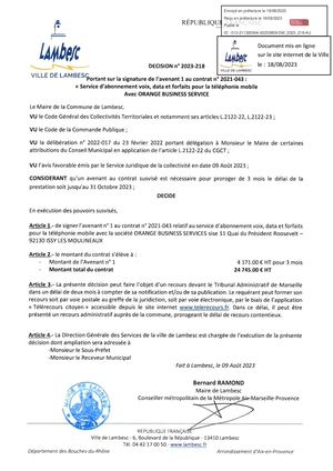 2023 - 218 - Cp Portant Sur La Signature De L'avenant 1 Au Contrat 2021 043 Avec Orange
