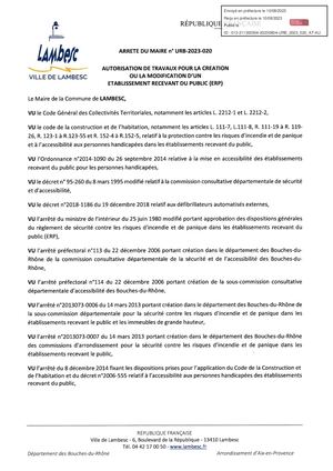 Arrêté Urb 2023 020 Autorisation De Travaux Ou De Modification D'un Erp