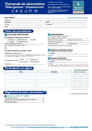 Bulletin de réservation Hébergement-Emplacement