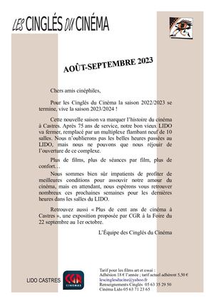 Les Cinglés du Cinéma août-septembre 2023