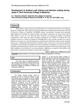 1999 Development Of Student’s Self Reliance And Decision Making During Study In Tikrit University College Of Medicine