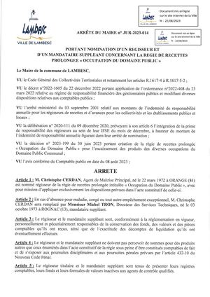 JUR 2023 014 - Nommination d'un Régisseur et d'un Mandataire Suppléant concernant la Régie Occupation du DP