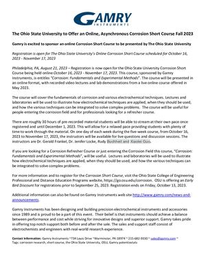 The Ohio State University to Offer an Online Corrosion Short Course Fall 2023