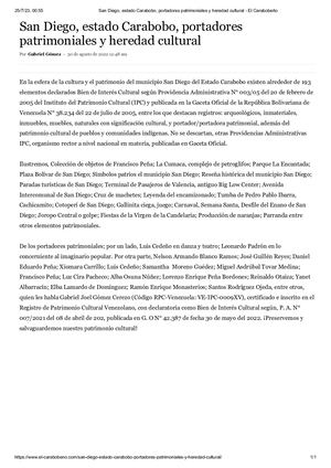 San Diego, estado Carabobo, portadores patrimoniales y heredad cultural. Diario: EL Carabobeño o