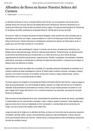 Alfombra de Flores en honor a Nuestra Señora del Carmen. Diario: El Carabobeño