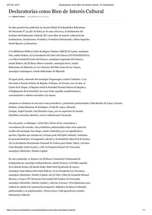 Declaratorias como Bien de Interés Cultural. Diario: El Carabobeño