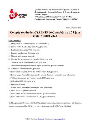 Compte Rendu CSA INJS de Chambéry 23 06 et 7 07 2023