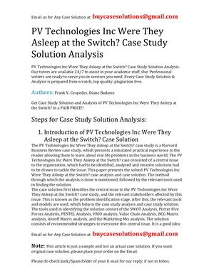 PV Technologies Inc Were They Asleep At The Switch? Case Study Solution Analysis