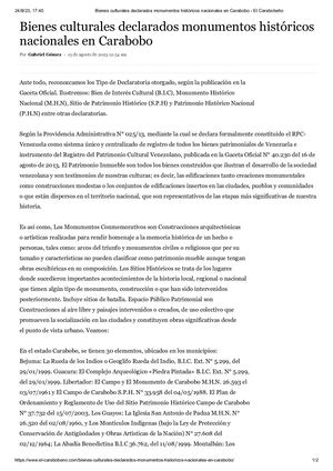 Bienes culturales declarados monumentos históricos nacionales en Carabobo. Diario: El Carabobeño