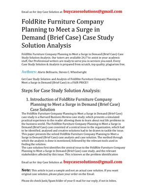 FoldRite Furniture Company Planning To Meet A Surge In Demand (Brief Case) Case Study Solution Analysis