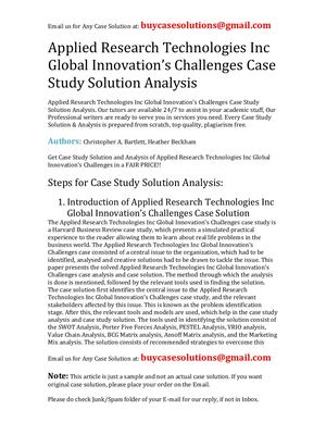 Applied Research Technologies Inc Global Innovation's Challenges Case Study Solution Analysis