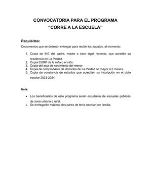 Convocatoria Para El Programa Corre A La Escuela