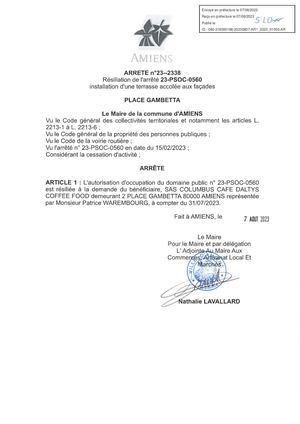 AR1-2023-01055 Arrêté De Résiliation De L'arrêté 23 PSOC 0560, Installation D'une Terrasse Accolée Aux Façades, Sas Columbus Cafe Daltys Coffee Food