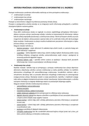 6 Razred Kriteriji Vrednovanja