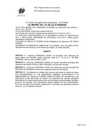 23-AT-0984 Arrête De Réglementation De La Circulation Rue Picasso Et Allée De Malaga