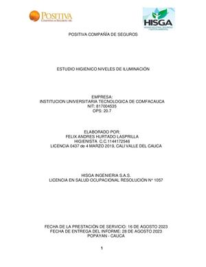 Informe Medición De Iluminación Institucion Universitaria Tecnologica De Comfacauca 16 08 2023 Arl Positiva
