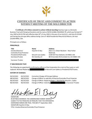 MYB GLOBAL HOLDINGS TR TRUST - Certificate of Trust
