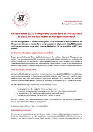 Classement FT 2023 CP 2023-09-11 Financial Times 37e Meilleur Master En Management Mondial
