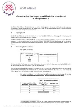 Note Interne Compensation Des Heures Travaillées à Titre Occasionnel (Récupérations) 20230710