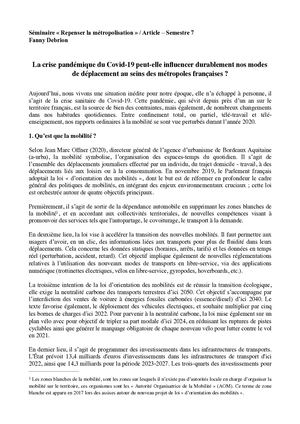 La crise du COVID 19 peut-elle influencer durablement nos modes de déplacement au sein des métropoles ?