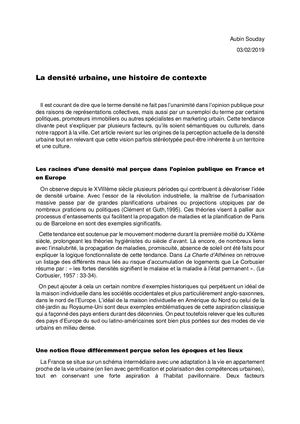 La densité urbaine, une histoire de contexte