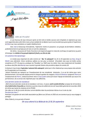 Lettre aux adhérents Septembre 2023